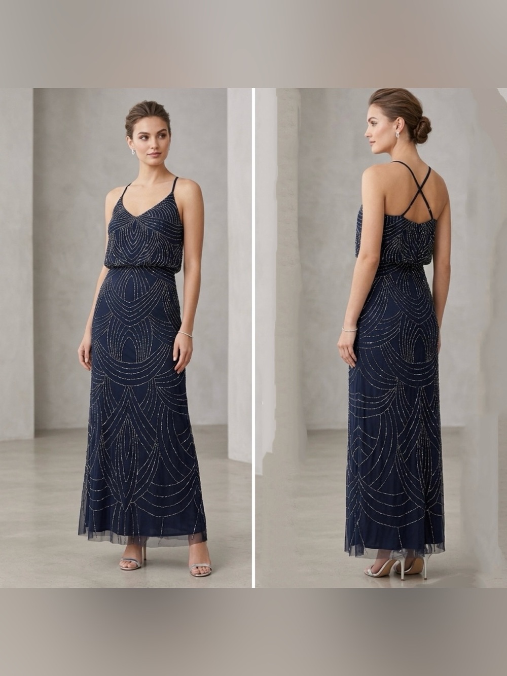 Adrianna Papell Women’s 2 Long Blue Beaded Formal Gown Dress Art Deco Evening